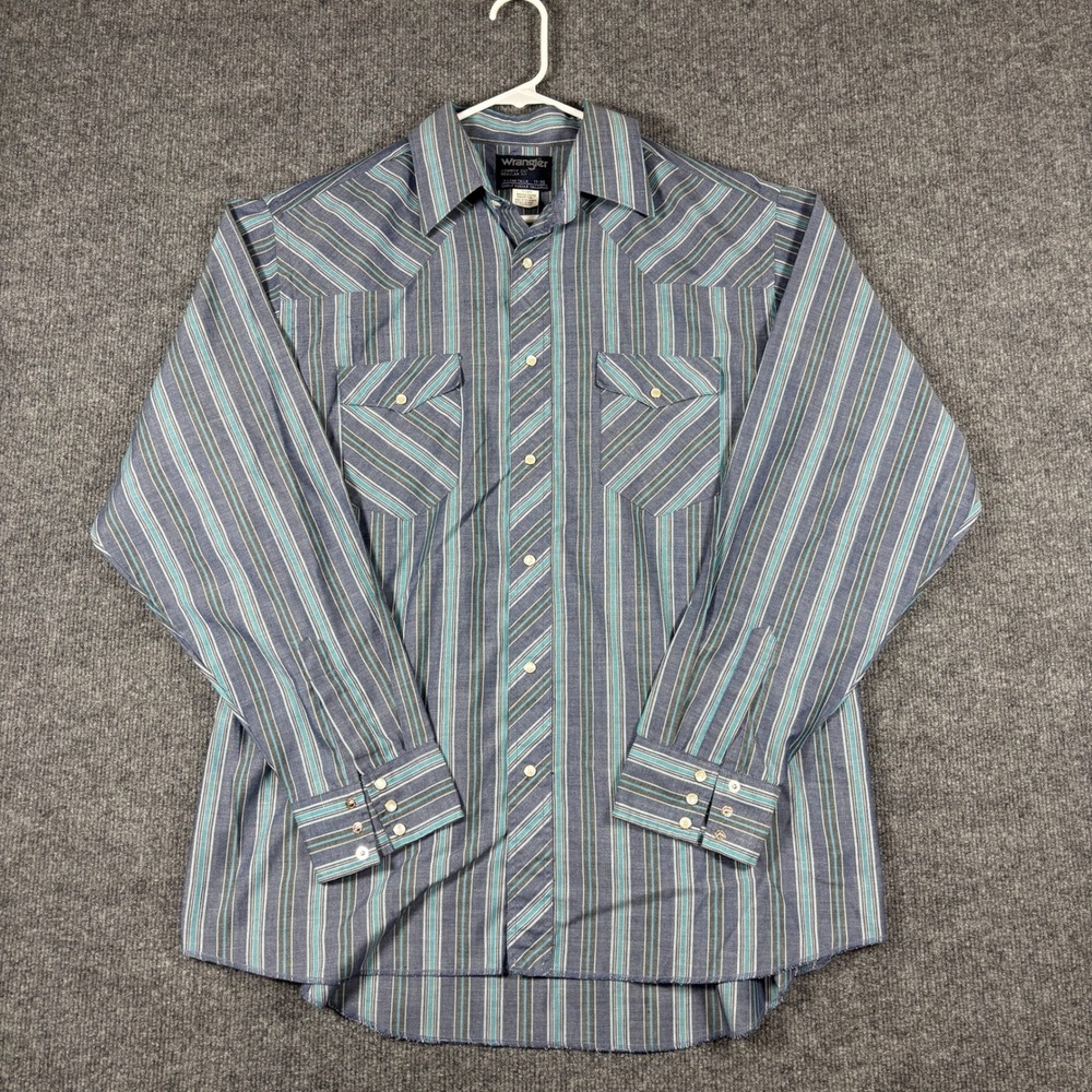 Wrangler Cowboy Cut Western Shirt Mens 17-36 Blue Striped Pearl Snap Long Sleeve